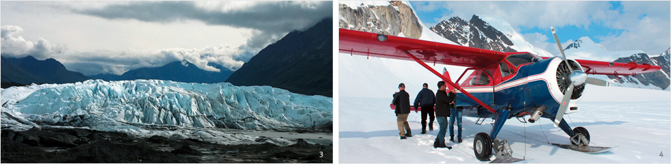 3 전 세계 육지 빙하 중 가장 큰 규모인 마타누스카 빙하 / 4 눈으로 덮인 매킨리 산에 내려앉은 경비행기