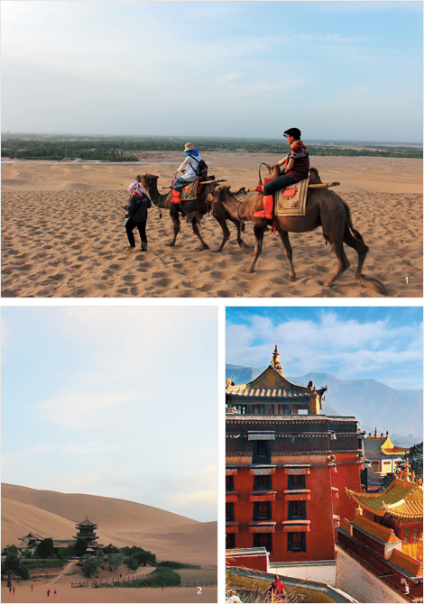 1 낙타 라이딩을 하며 란저우를 찬찬히 돌아볼 수 있다. / 2 빛의 각도에 따라 다채로운 빛을 뿜어내는 칠채산 / 3 티베트 불교 6대 사찰 중 하나인 라부렁사 